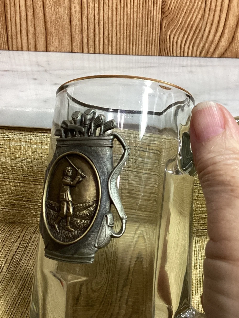Glass Beer Stein with Brass Golf Emblem - Clear Raised Metal Medallion